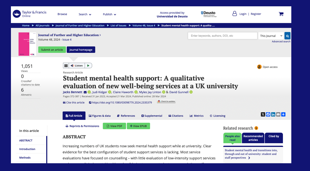 Apoyo a la salud mental del estudiantado: una evaluación cualitativa de nuevos servicios de bienestar en una universidad del Reino Unido