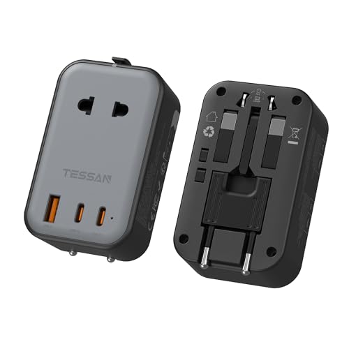TESSAN Adaptador Enchufe Universal Plano con 2 USB C,Negro Plateado