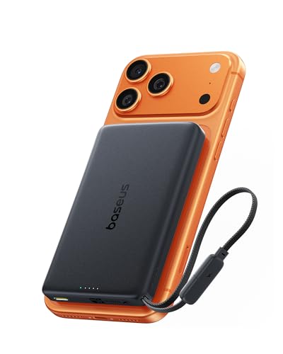 Baseus PicoGo AM52 MagSafe Powerbank, Qi2.2 Magsafe de 10 000 mAh, Carga Inalámbrica Ultrarrápida de 25 W, Cable USB C Integrado, Carga PD de 45 W, Batería Externa Magnética para iPhone 17/16 Pro MAX
