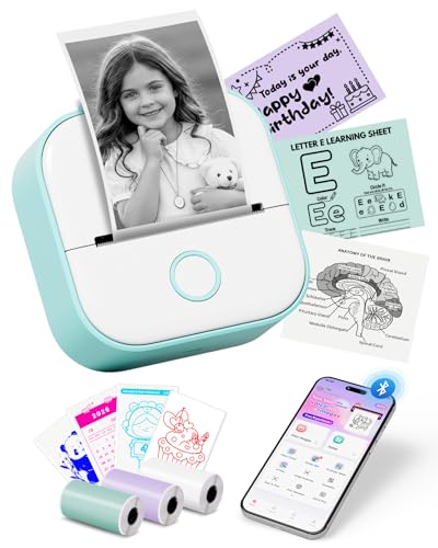 Memoking T02 Mini Impresora Termica - Impresora Pegatinas con 3 Rollos Papel, Impresora Portátil Bolsillo Bluetooth Impresora Fotos Movil para el Aprendizaje, Notas de Estudio, Diagrama Anatómico