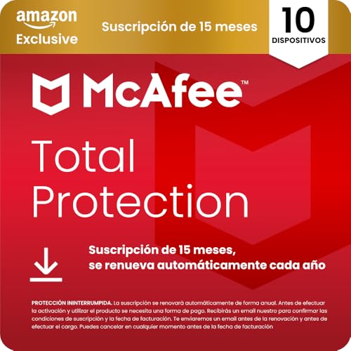 McAfee Total Protection para 10 Dispositivos 2026, 15 meses, Exclusivos de Amazon | Antivirus, VPN, software de seguridad | Suscripción con renovación automática | Descargar