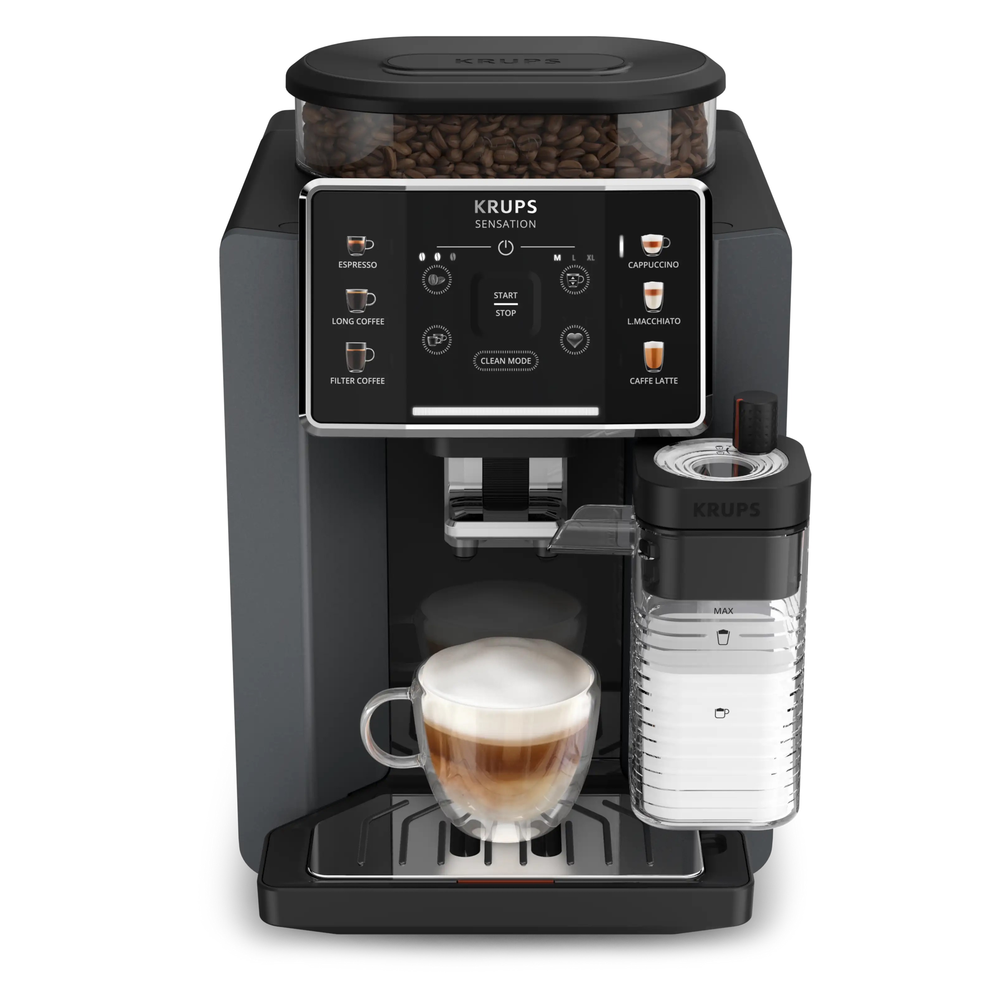 Cafetera superautomática - Krups Sensation Milk EA912B, 15 bar, 1450 W, 1.7 L, 6 modos, 2 tazas, Depósito de leche 0.3 L, Táctil, Gris